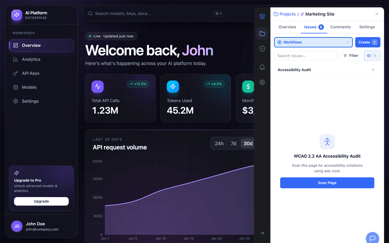 OverlayQA sidebar showing the Accessibility Audit panel with Scan Page button