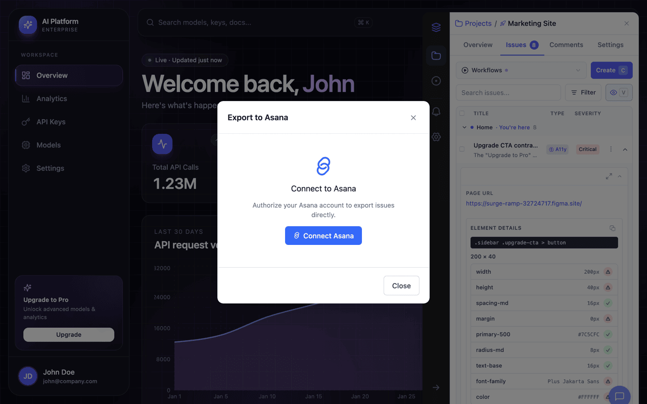 OverlayQA Export to Asana modal showing the Connect to Asana authorization prompt