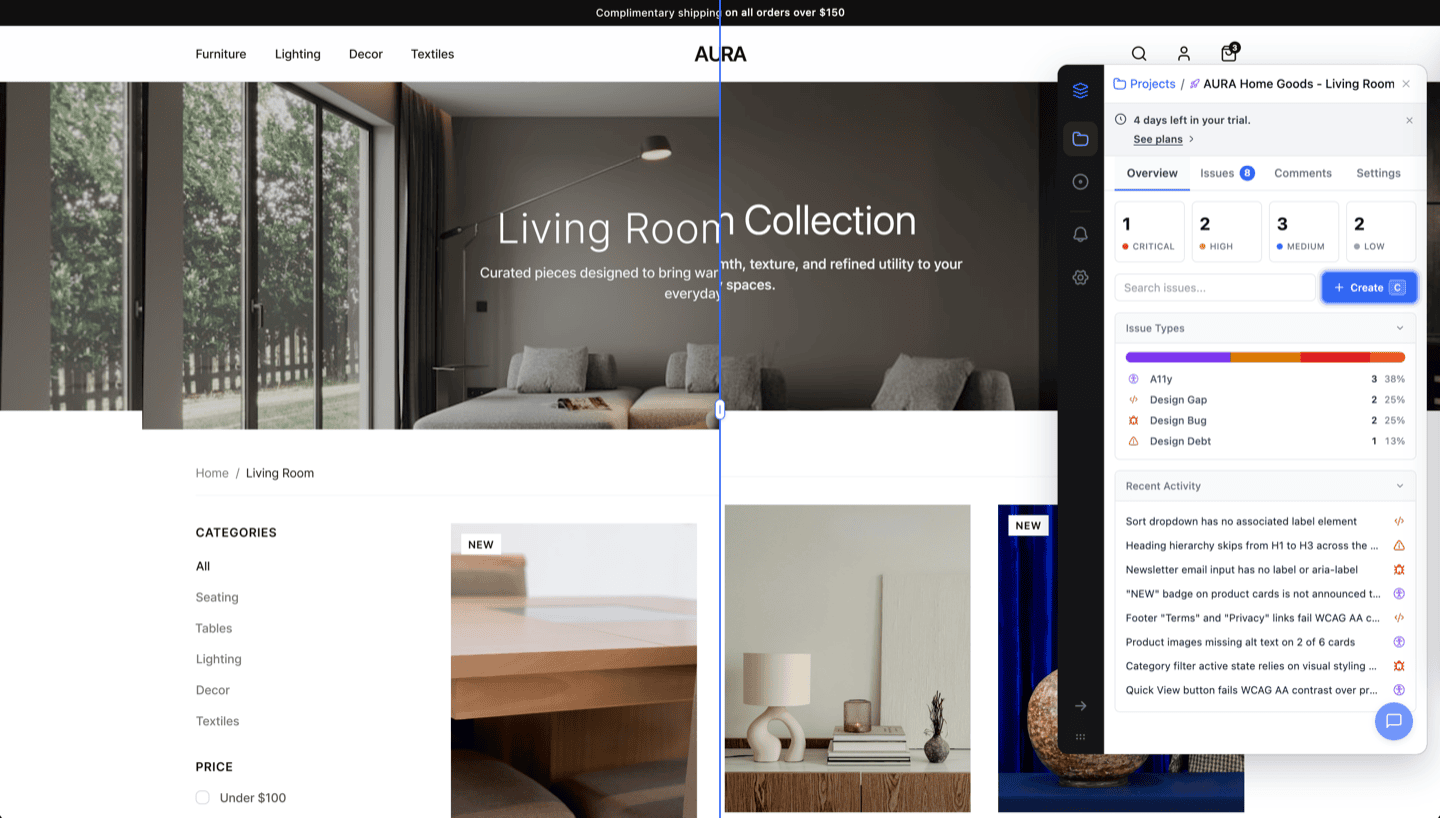 OverlayQA scrub mode comparing a Figma design frame against the live AURA e-commerce page with a vertical clip-reveal divider and issue panel showing 8 detected issues
