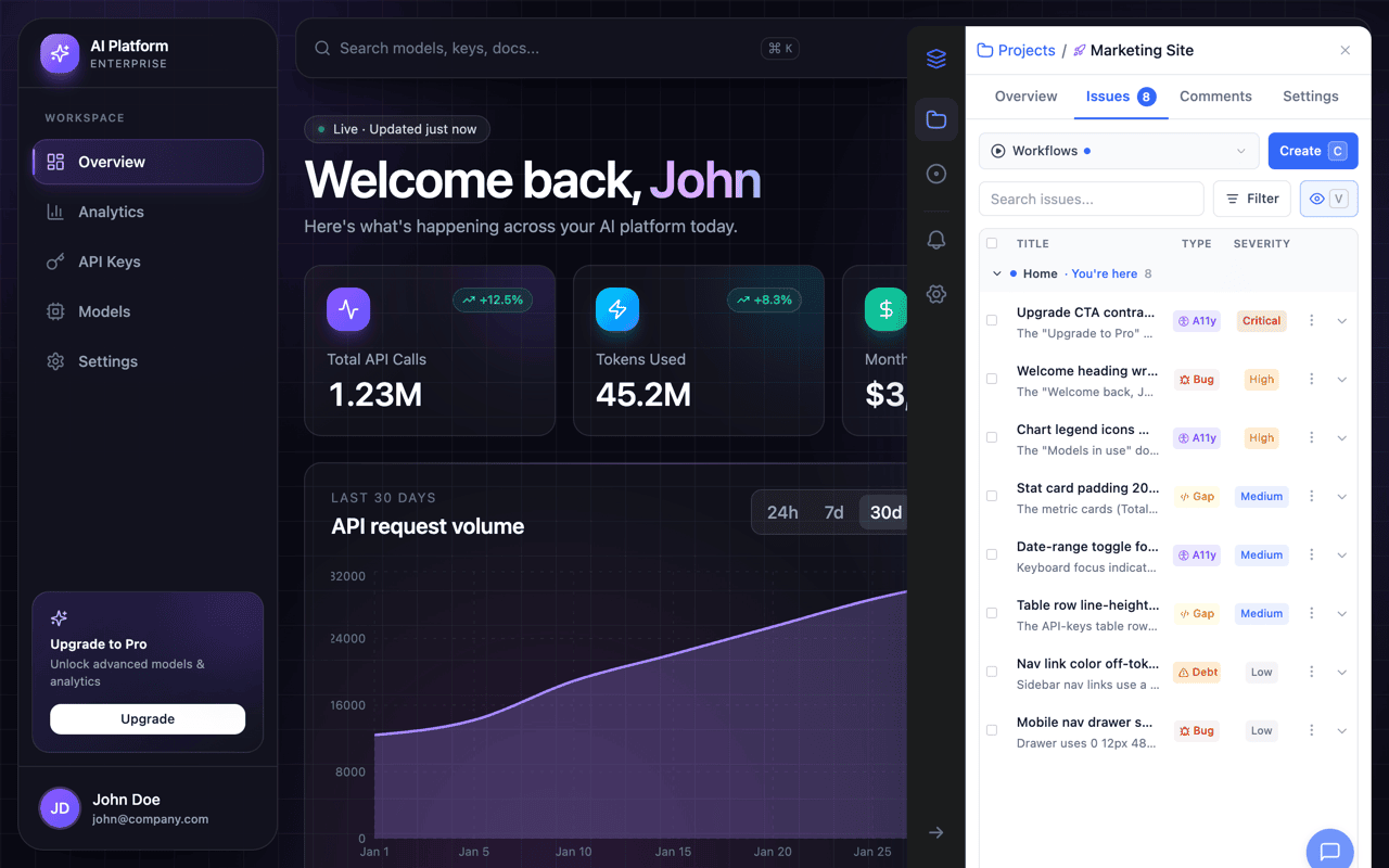 OverlayQA sidebar showing the Issues tab with Create button
