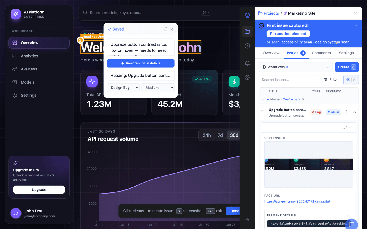OverlayQA issue popover on a live page showing the description, a Rewrite and fill in details AI button, heading, type, and severity fields with a saved indicator