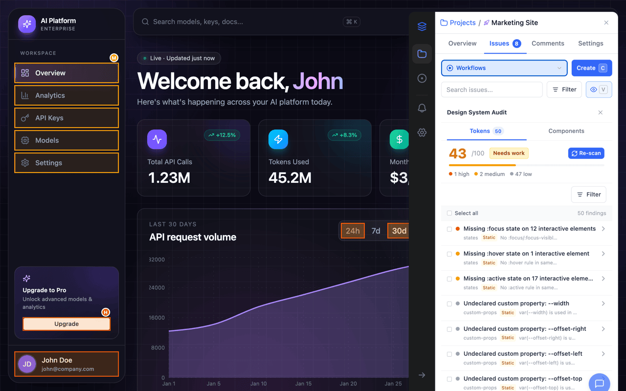OverlayQA Design System Audit token results showing the consistency score and findings with severity indicators and category badges