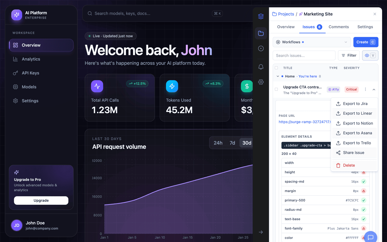 OverlayQA issue row menu showing Export to Jira, Linear, Notion, Asana, and Trello destinations