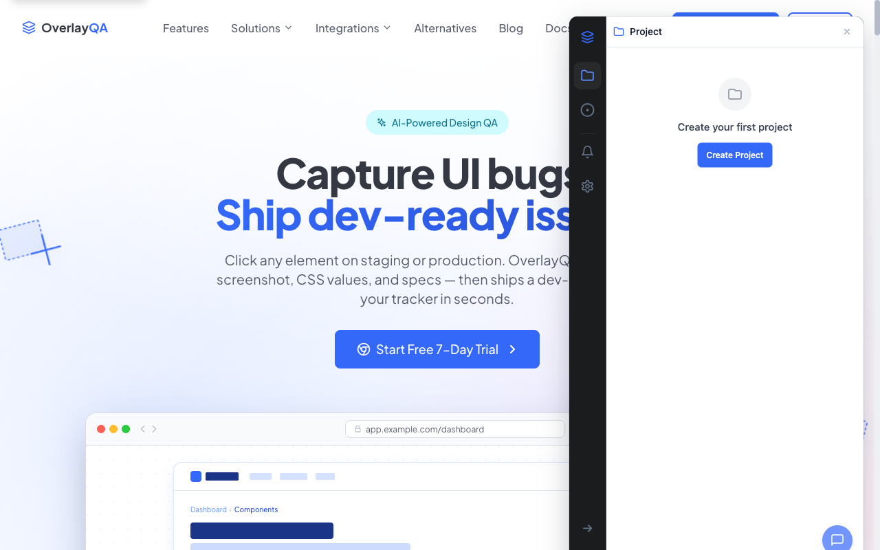 OverlayQA sidebar showing the create project screen