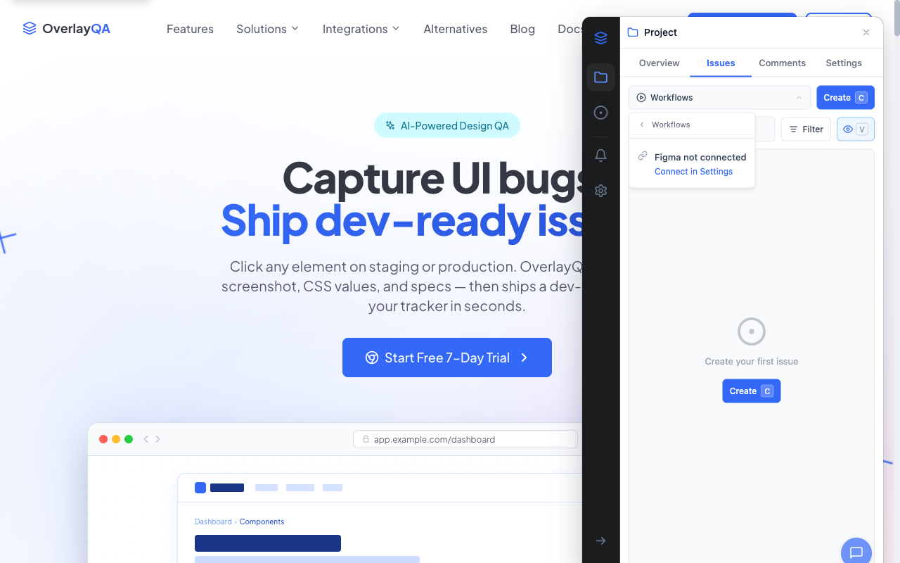 OverlayQA sidebar showing the frame selection view with Figma connection prompt